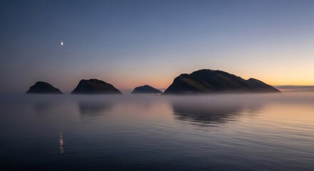 Misty seascape featuring small islands reflecting in still waters under a twilight sky