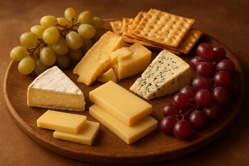 Elegant cheese board display with gourmet crackers and juicy grapes