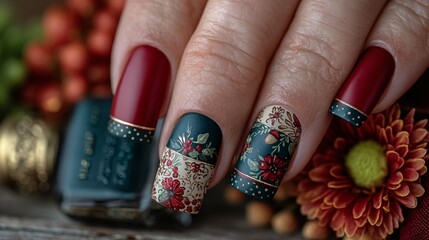 Elegant Floral Nail Art Design with Dark Tones and Glossy Finish