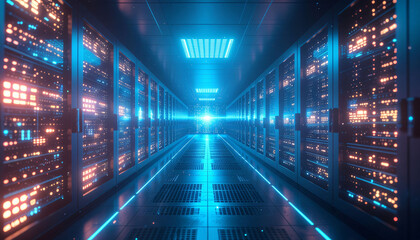 Experience the cutting-edge power of a modern data center with glowing server racks, showcasing a secure digital future and advanced cloud computing infrastructure
