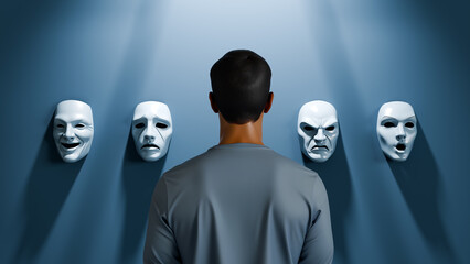 Man facing a wall of expressive masks, concept of identity, emotions, personality and self-reflection, 3d render