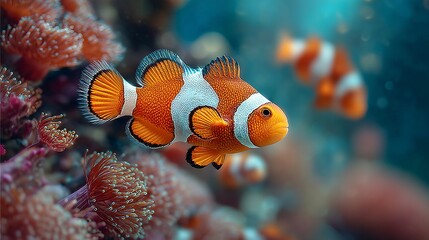 Colorful clownfish swimming among vibrant sea anemones in coral reef