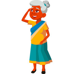 Elderly Indian Woman In Traditional Attire With Grey Hair And A Blue Saree Looking Into The Distance With A Smile