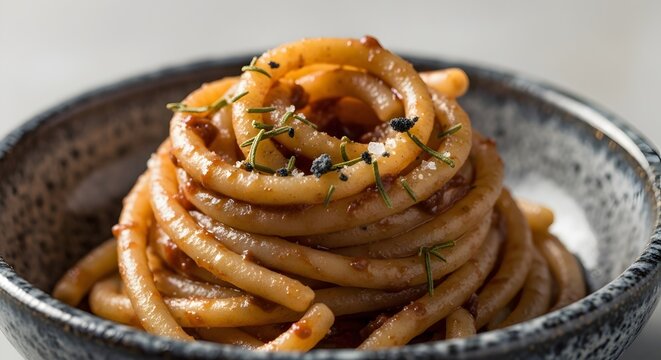 Delicious Italian Pasta Bucatini with Rich Sauce and Herb Garnish Close Up