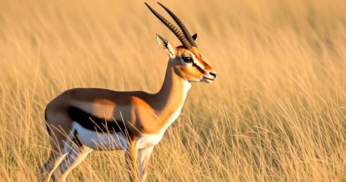 Thomsons gazelle standing in a field of tall grass in the serengeti