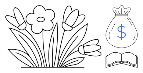 Flowers grow among leaves, next to a money bag with a dollar sign and an open book. Ideal for nature, financial growth, learning, knowledge, prosperity, investment and sustainability. Clean