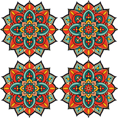Set of four seamless floral vector patterns with snowflake and mandala design elements