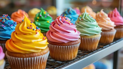 A tray of colorful frosted cupcakes arranged in a bakery display with sprinkles and tiny decorations