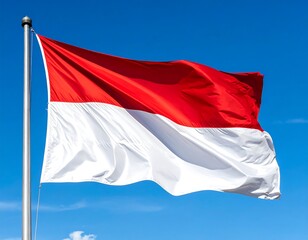 A flag of two horizontal stripes, red and white, on a blue sky