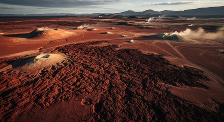 A high-angle view captures a vibrant, textured landscape of volcanic activity in a desolate area