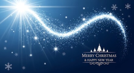 Sparkling festive light trail with snowflakes and elegant Christmas trees wishes Merry Christmas and Happy New Year