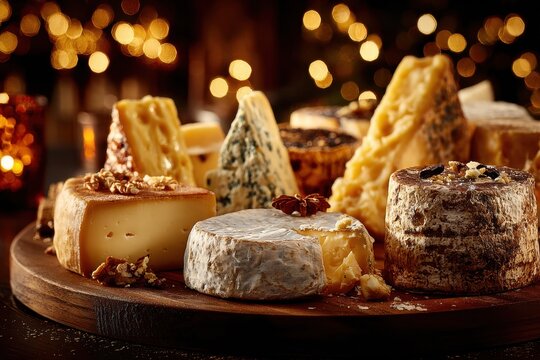 Assorted Artisanal Cheese Collection Displayed on a Wooden Plate