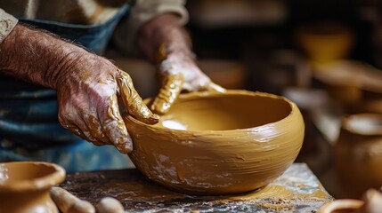 An artisan shaping a handmade clay basin in a pottery workshop
