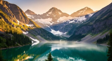 Serene mountain lake scene with snow-capped peaks, reflections, and lush green trees in the sunlight