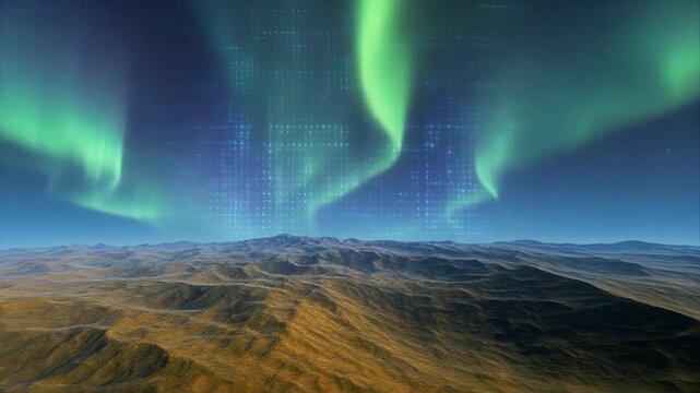 Holographic Horizon_The sky ripples with digital auroras over natural mountains
