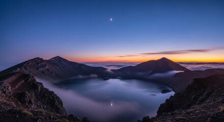 Sunrise over serene volcanic lake, mountains, clouds, crescent moon in a twilight sky