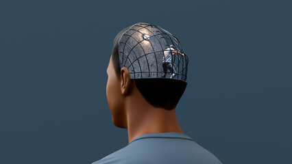Man trapped inside his own mind cage, concept of mental barriers, overthinking, limitation, anxiety, and search for inner freedom, 3d render
