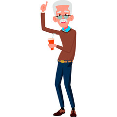 Elderly Man with Gray Hair and Glasses Holding a Drink and Raising His Finger in a Brown Sweater and Blue Jeans with a Transparent Background