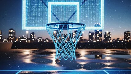 Illuminated basketball hoop and net, cityscape background, reflecting on a wet surface - Powered by Adobe