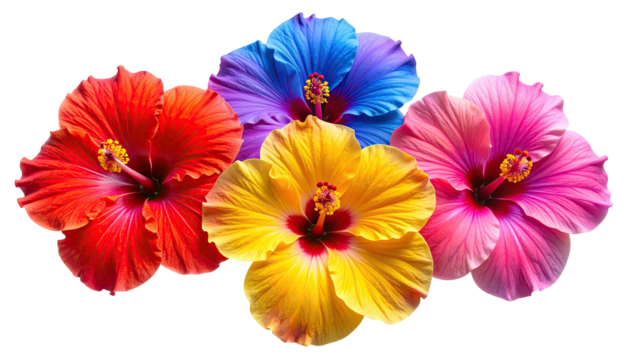 Vibrant, diverse hibiscus blooms arranged against a dark background