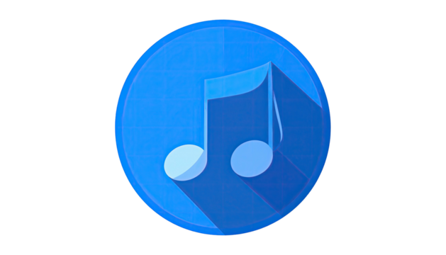Blue circle icon with a light music note, dark shadow, plain