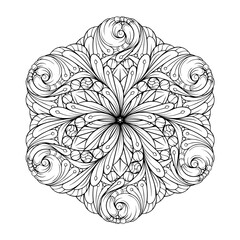 Detailed floral mandala with gentle symmetry. Relaxing hand-drawn art for coloring.