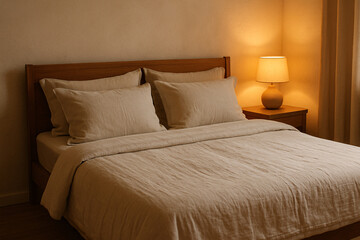 Relaxing bedroom scene, cozy linens and soft warm light creates a calm mood