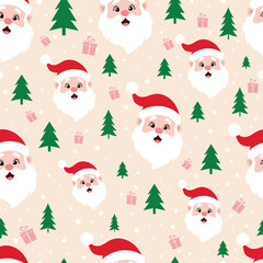 Cute Santa Claus Seamless Pattern with Christmas Trees and Gifts Background