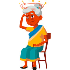 Elderly Woman Sitting On Chair With Headache And Dizziness Symbol Overhead And Looking Concerned In Traditional Indian Clothing And Orange Skin Tone