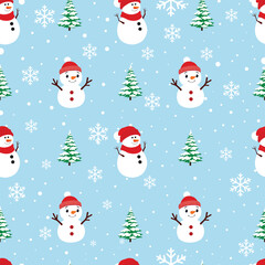Cute Snowman and Christmas Tree Seamless Pattern with Snowflakes on Blue Background