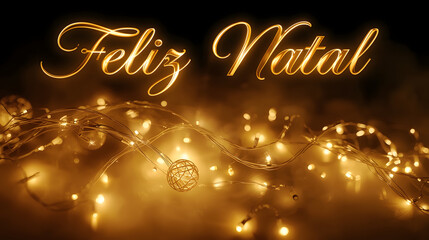 Illuminated Golden 'Feliz Natal' Script Above Blurry Christmas Fairy Lights