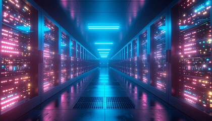 Stunning data center hallway with servers glowing, conveying modern technology, digital transformation, and futuristic IT infrastructure
