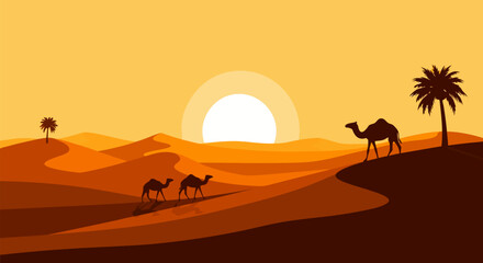 Desert sunset with camels and palm trees, a classic arid landscape scene with dunes and a warm glow