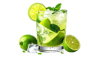 Refreshing lime drink with mint and ice in a glass