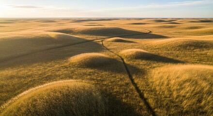 Aerial view of a vast, undulating field bathed in warm sunlight with a winding path