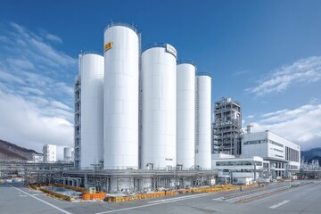 Obraz premium Large cylindrical silos standing in industrial facility outdoors