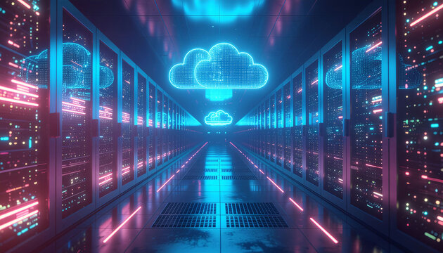 Modern data center illuminated with vibrant neon lights, perfect for technology, cloud computing, or futuristic business concepts, evoking innovation and progress - Powered by Adobe
