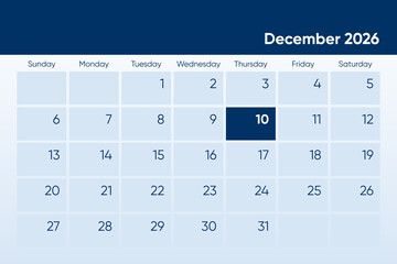 10 December 2026 calendar day design. It shows 2026 December 10 date calendar page