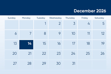 14 December 2026 calendar day design. It shows 2026 December 14 date calendar page