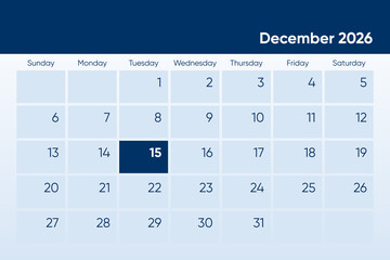 15 December 2026 calendar day design. It shows 2026 December 15 date calendar page