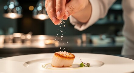 Hand sprinkling seasoning on a seared scallop in