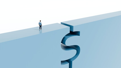 Man walking toward a dollar shaped hole in the path, concept of money trap, financial risk and caution, 3d render