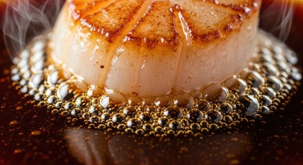 Close-up of a seared scallop sizzling on a hot
