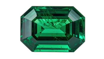 Vivid emerald gemstone, octagon cut, isolated against a black backdrop