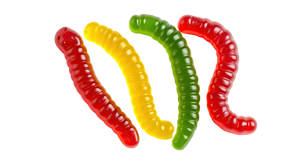 Four colorful gummy worms, red, yellow, green, on black