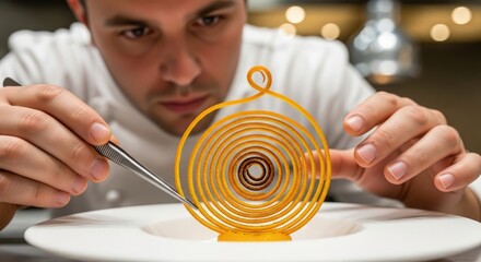 Chef decorating a plate with an orange sauce