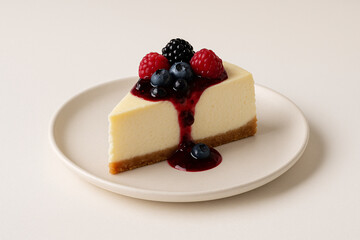 Delicious cheesecake slice topped with fresh berries and berry sauce