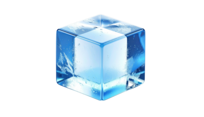 Glossy blue ice cube, internal texture, isolated