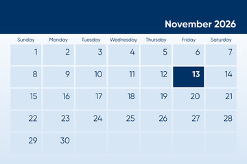 13 November 2026 calendar day design. It shows 2026 November 13 date calendar page