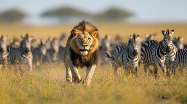 A wildlife photographer captures an intense encounter between a lion and a herd of zebras on the vast African savannah during golden hou - Powered by Adobe
